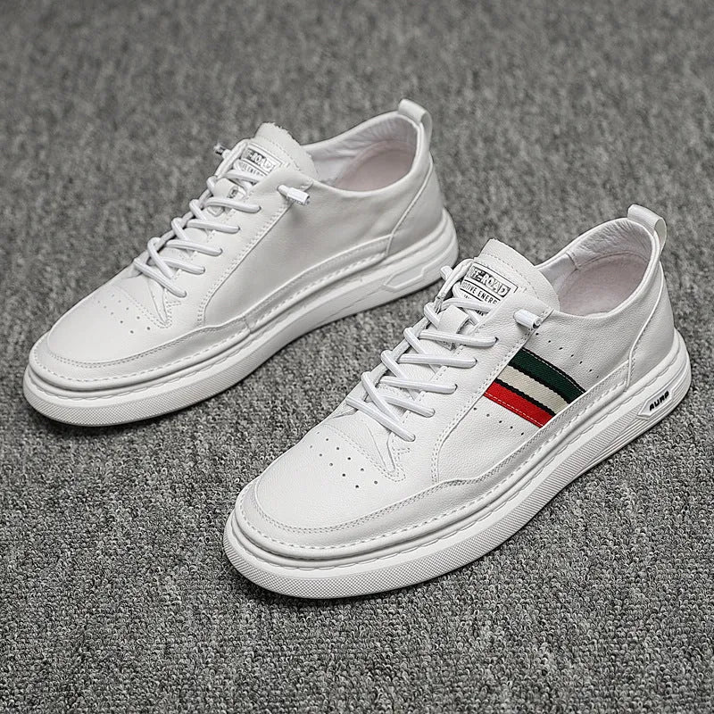 White casual lace-up leather shoes with inner height increase, round toe, rubber outsole, on a clean background