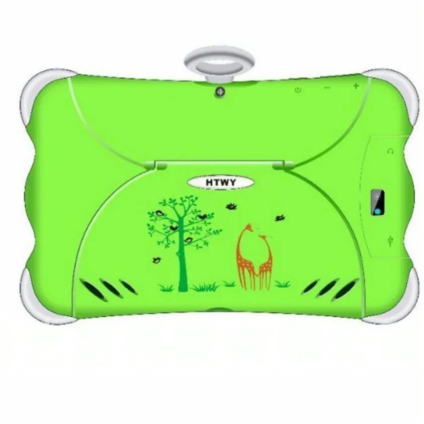 A 7-inch cartoon-coloured children's learning tablet positioned on its included stand, showing the IPS screen.