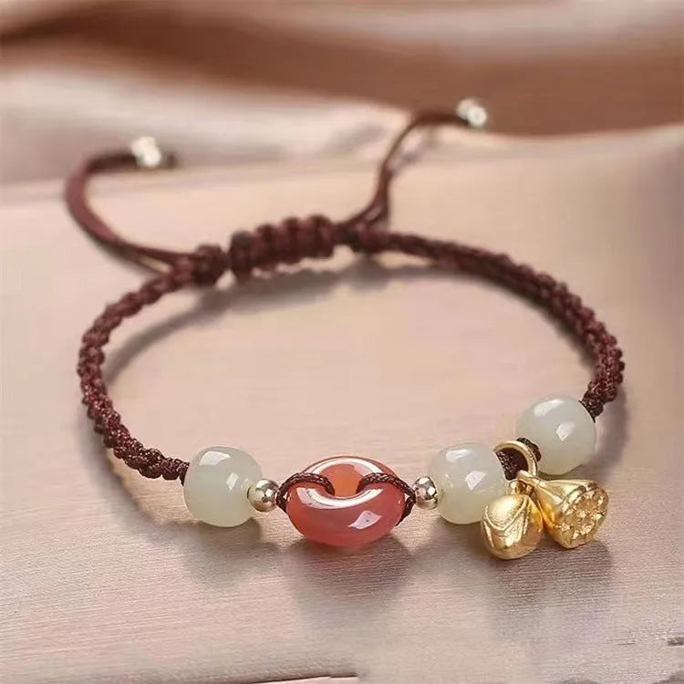 Hetian jade women's bracelet with peace buckle and coloured carrying strap