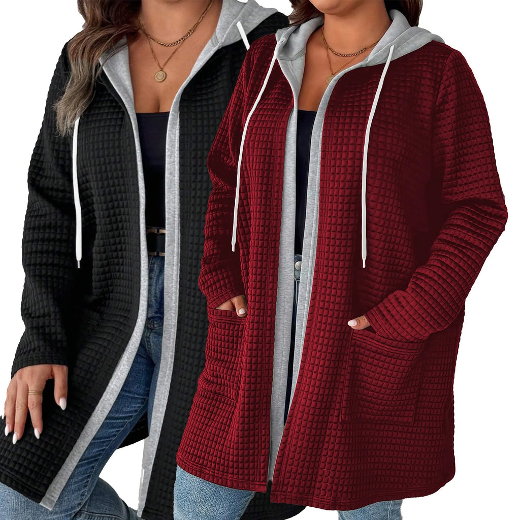 Women's hooded pocket cardigan jacket without buckle, loose fit, solid colour black, thin polyester spandex fabric