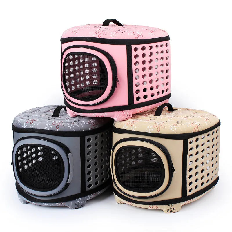 Portable foldable EVA pet handbag for dogs and cats, champagne colour, 45x35x32cm, on a light background