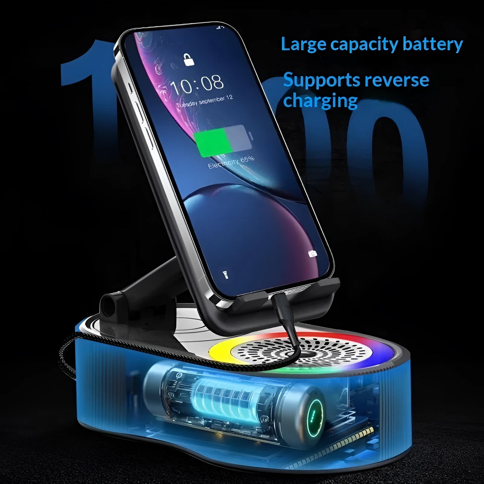 5-in-1 rotating adjustable phone stand power bank Bluetooth speaker in black with single microphone