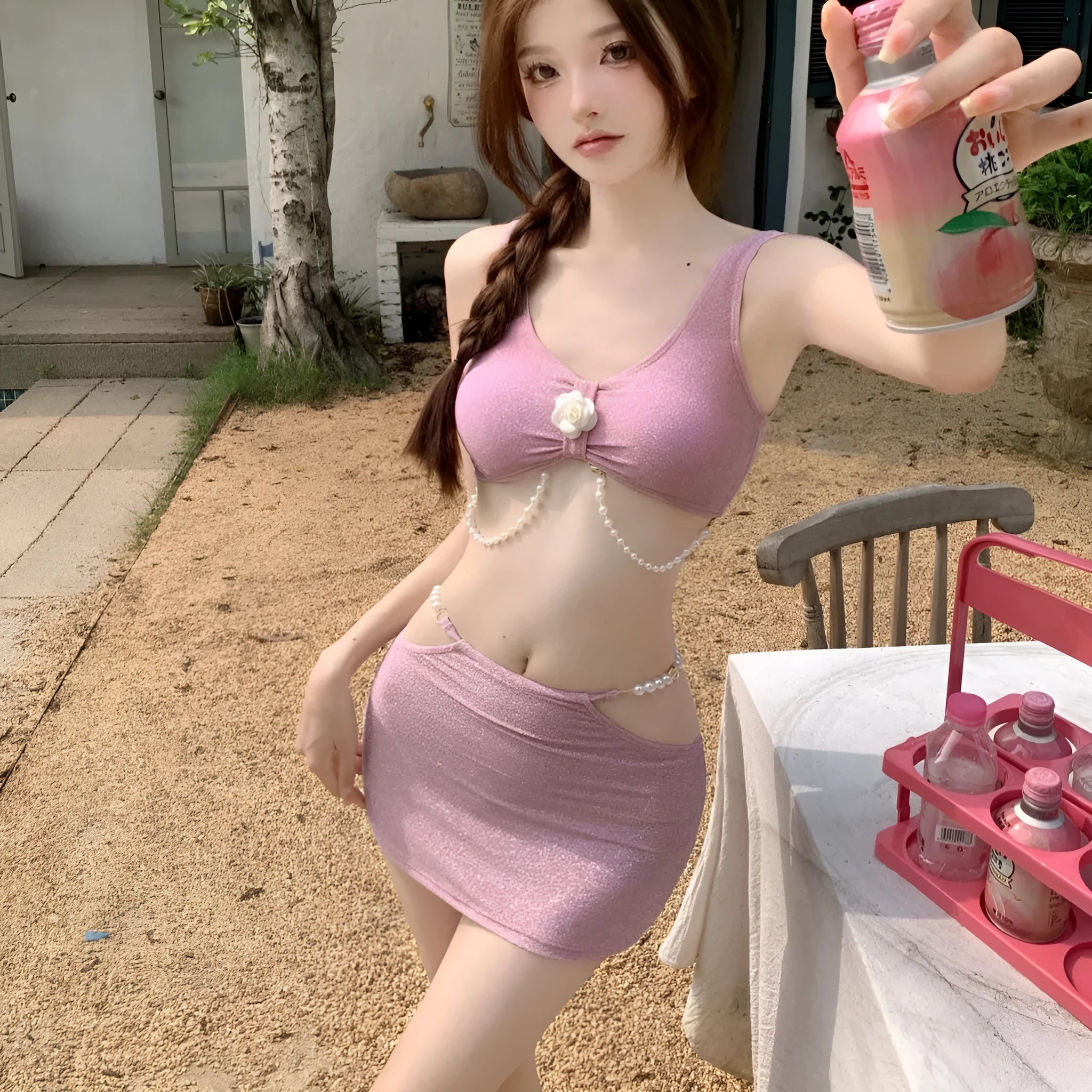 Women's three-piece polyester bikini set in pink or black with sleeveless briefs style for swimming and hot springs