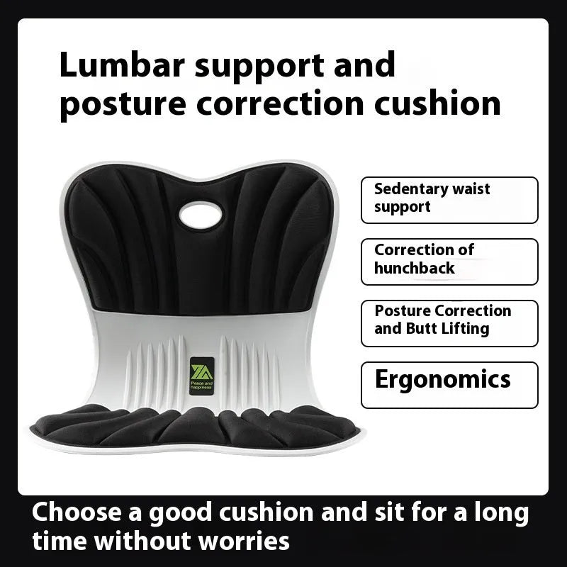Grey ergonomic seat cushion with waist support contour on office chair