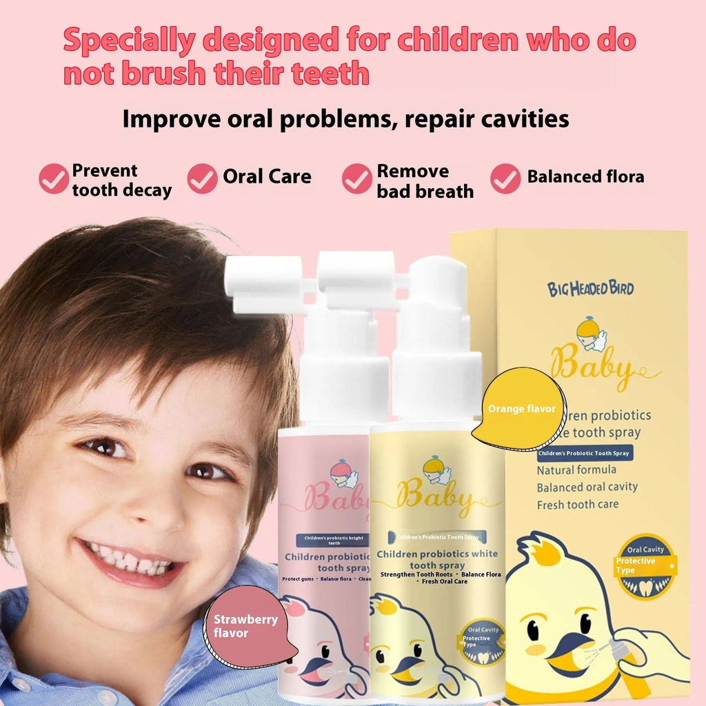 Children's probiotic oral spray bottle in strawberry and orange flavours for teeth cleaning
