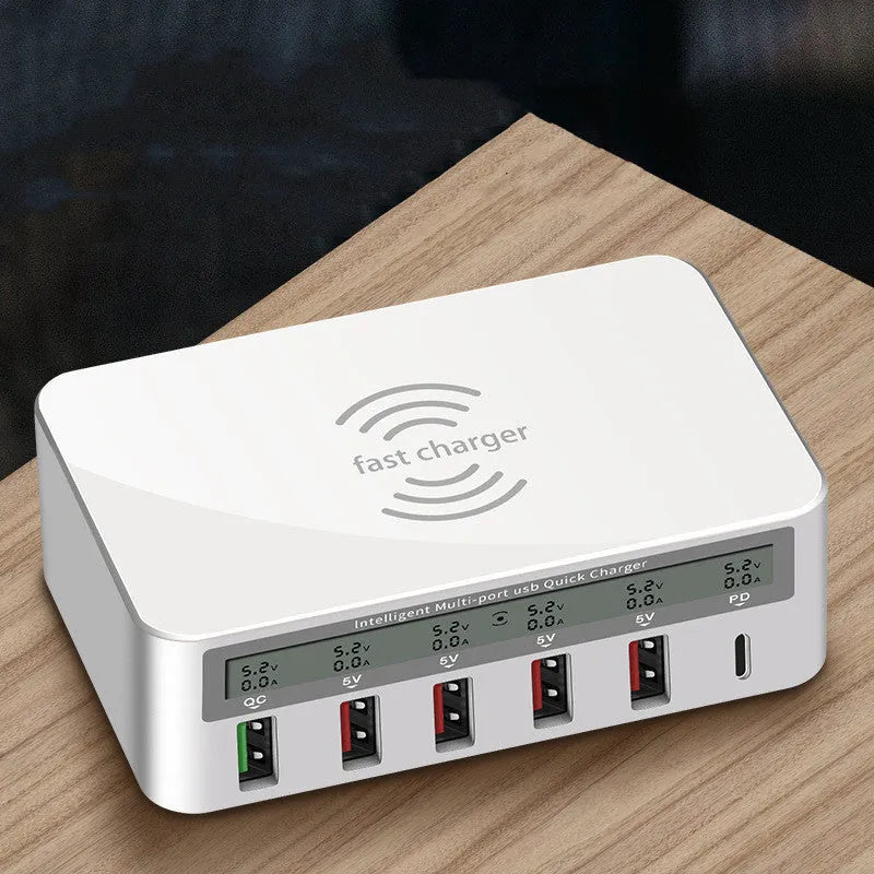 QC30 6-port USB desktop charger with LED display showing British, European and American plug versions