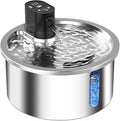 White stainless steel cat water fountain with digital constant temperature base on a kitchen counter.