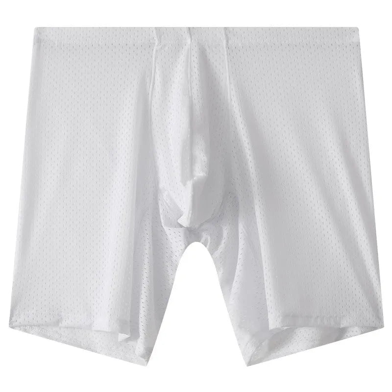 Men's mesh transparent lengthened boxers in black, mid waist nylon knit sports underwear