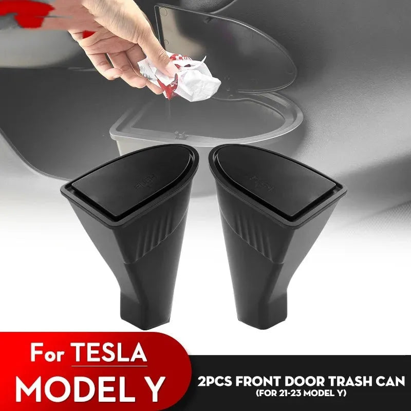 Two black ABS plastic storage boxes designed for Tesla Model Y front door pockets