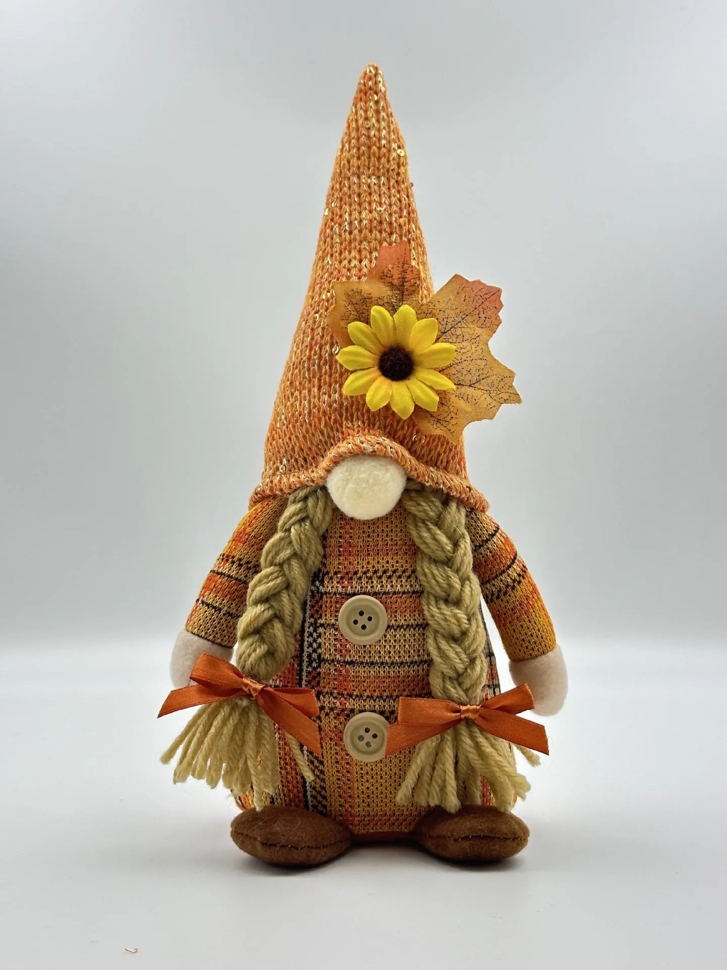 Harvest festival autumn pumpkin faceless doll in braid style with mixed fabric and plastic construction