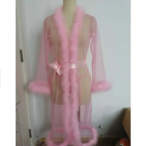 Women's long robe underwear set with matching top in black, pink, red, white for home leisure