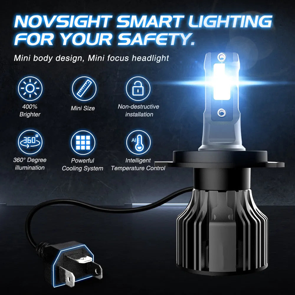 6000K white LED car headlight bulb with adjustable chuck and connector for plug-and-play installation.