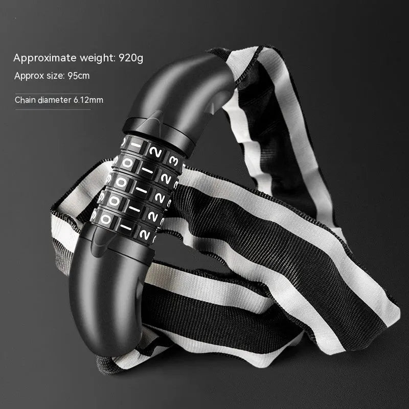 95cm black zinc alloy bicycle chain lock with combination dial secured around mountain bike frame