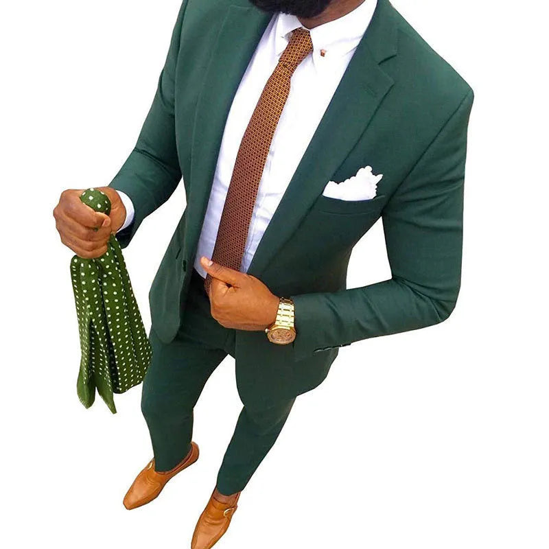Men's two-piece cotton suit jacket and trousers available in multiple colours.