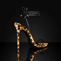 Women's leopard print Roman sandals with pointed toe and lace-up buckle design