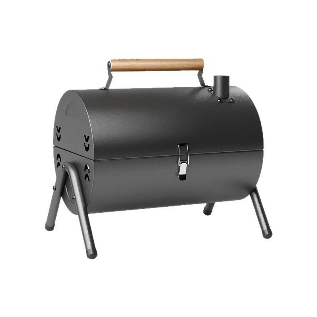 White round chimney portable charcoal grill with foldable legs, two carbon tanks, and a dual cooking mesh setup.