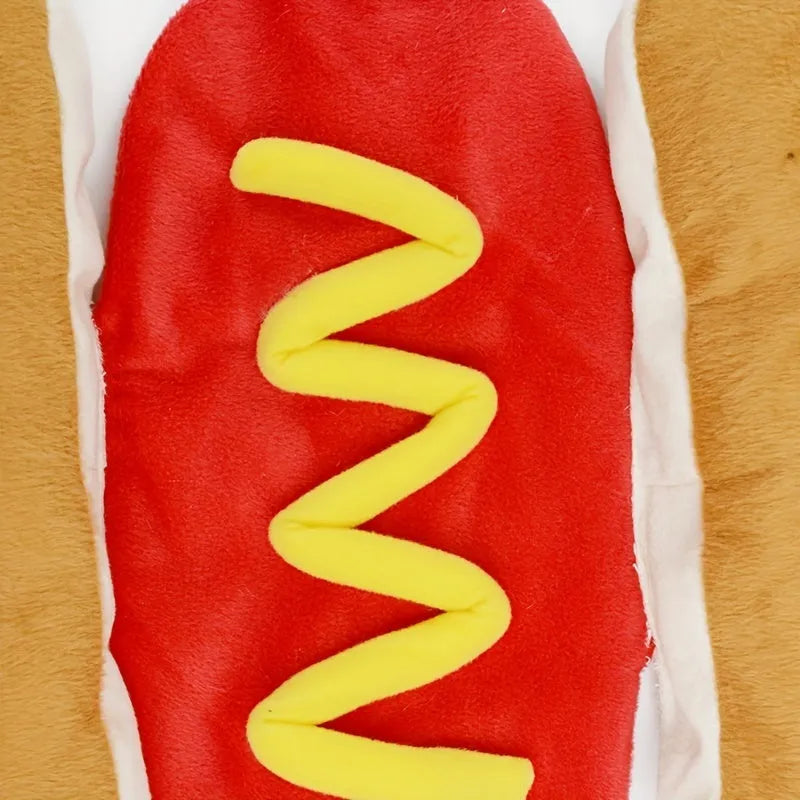 Red and beige hot dog costume coat for a small dog on a Dachshund, showing velcro closure.
