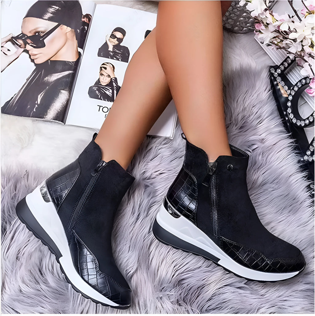 Women's wedge platform ankle boots with side zipper, PU upper, available in black blue beige brown, sizes 35 to 43