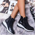Women's wedge platform ankle boots with side zipper, PU upper, available in black blue beige brown, sizes 35 to 43