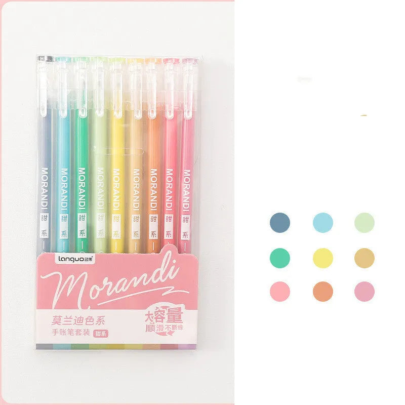 Set of nine retro-style gel pens with 0.5mm needle tips in a cardboard package.