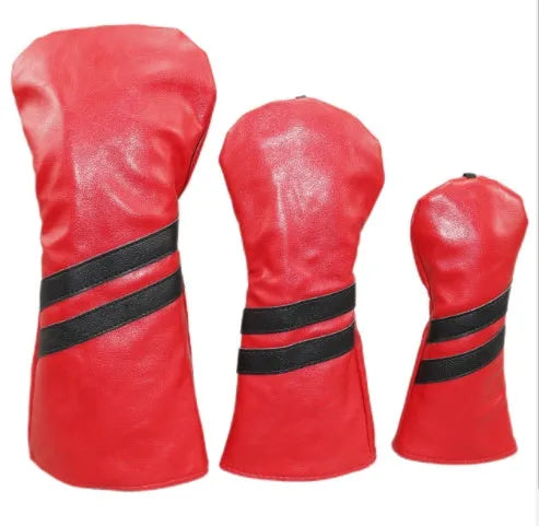 Striped golf club head cover in multiple colours showing three size options for wood rod protection