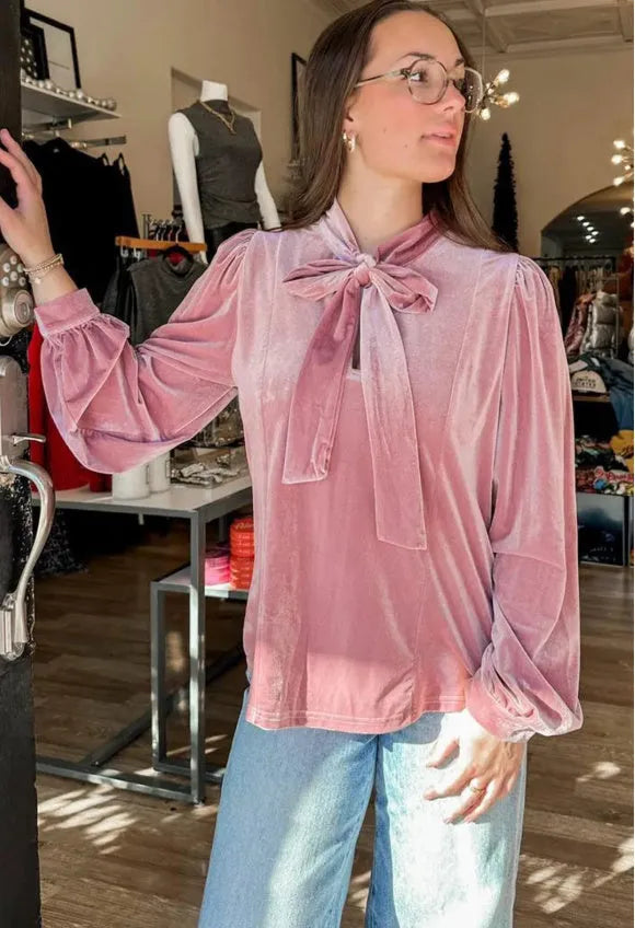 Fuchsia long sleeve blouse with velvet ribbon bow knot, 100% polyester pink top, sizes S M L XL