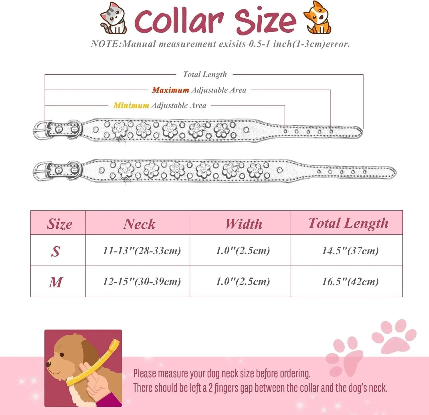 A black PU leather dog collar decorated with sparkling rhinestone flowers and metal studs, showing the adjustable eyelets and metal D-ring.