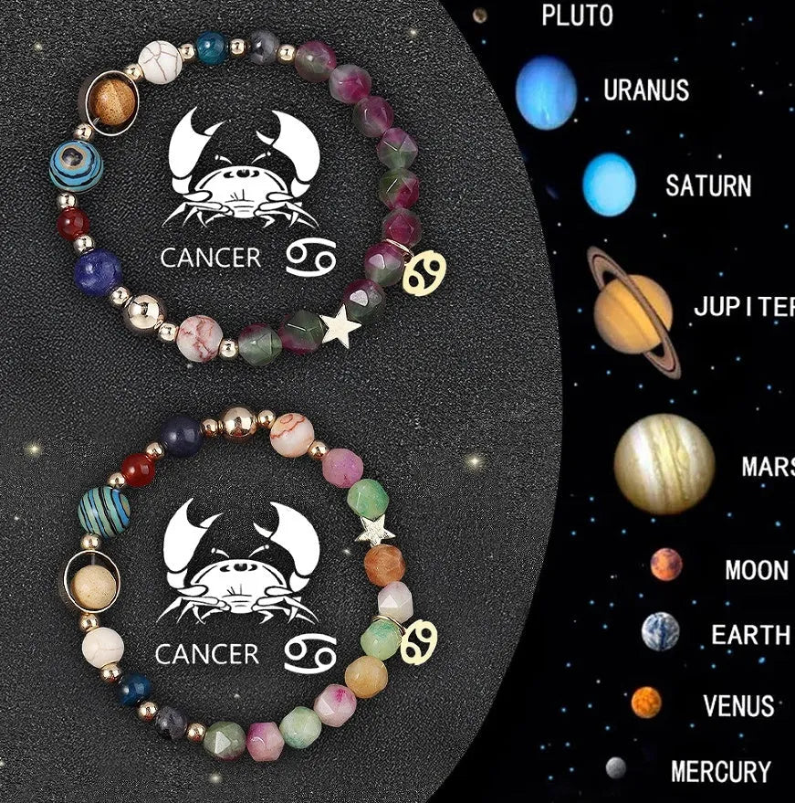 Two natural stone beaded bracelets with zodiac sign charms, showing the set of twelve astrological styles.