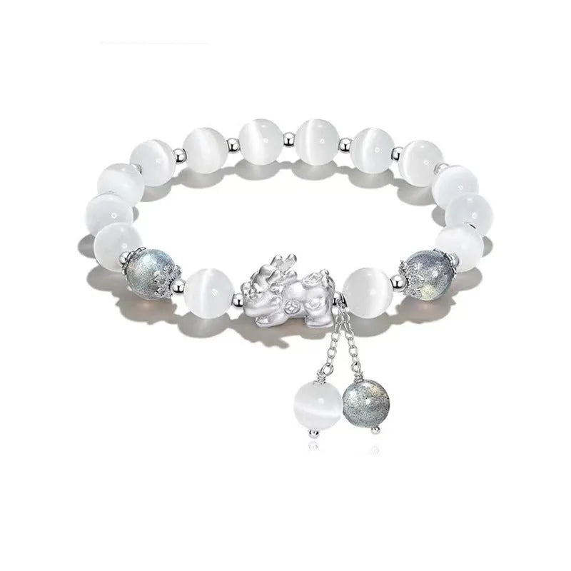 Handmade natural black agate couple bracelet with 10mm wave-shaped beads and gray moonlight stones