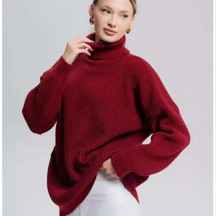 Women's high neck pullover sweater in imitation cashmere fabric with solid colour and 3D pattern design