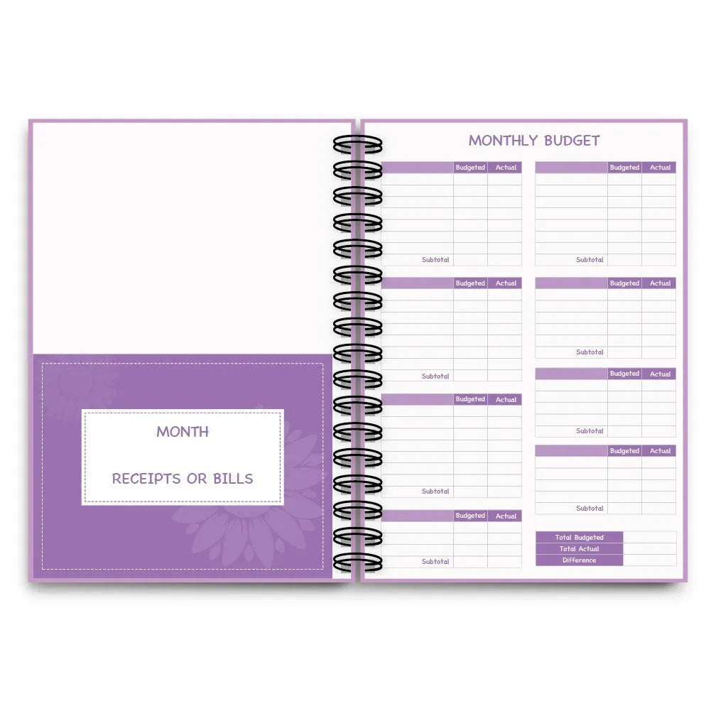 Purple A4 coil notebook for financial planning with stickers, pen, and paper clips