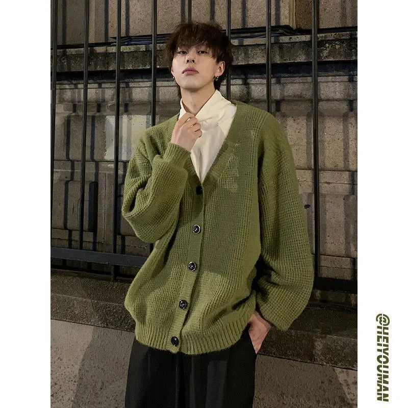 Men's retro V-neck cardigan sweater in Army Green colour with long sleeves and loose fit