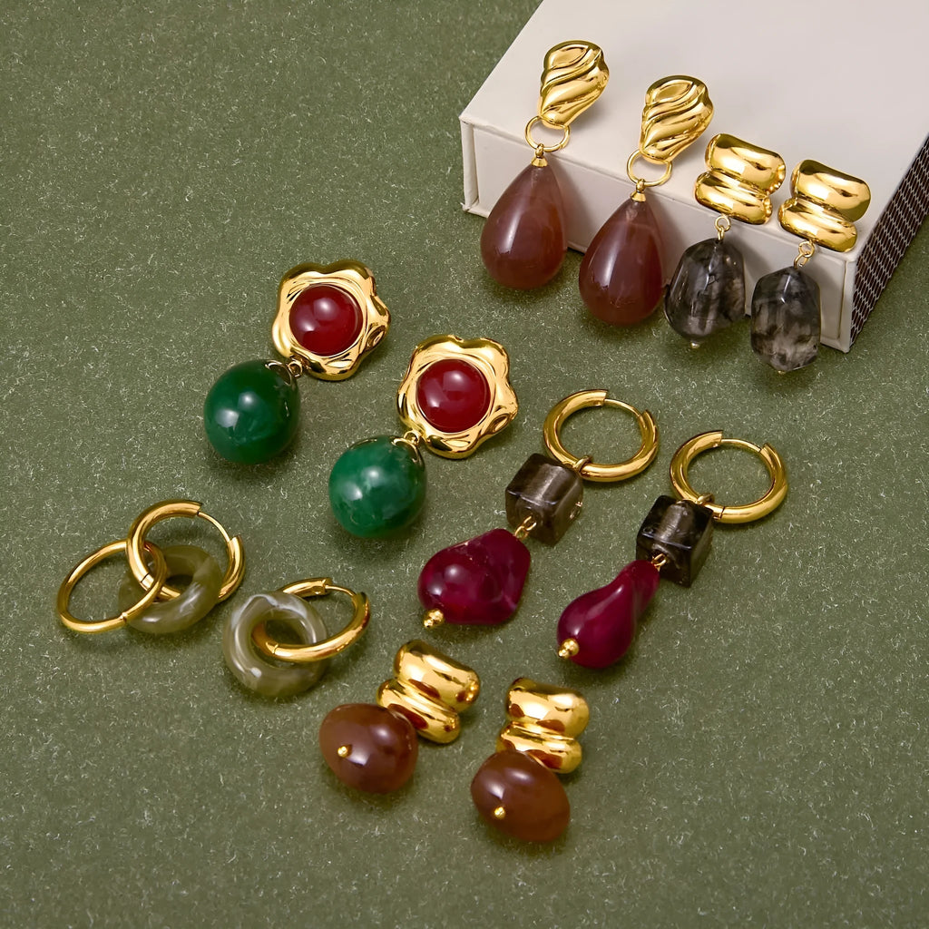 Geometric resin earrings for women with antique style and electroplated finish, available in eight colour options.