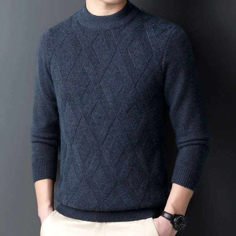Men's thick grey diamond jacquard wool-blend pullover sweater on a hanger.