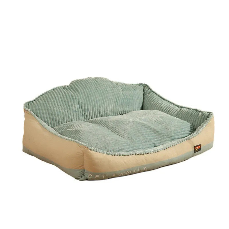 Morandi colour washable dog sofa bed with removable cover, shown in M and L sizes.