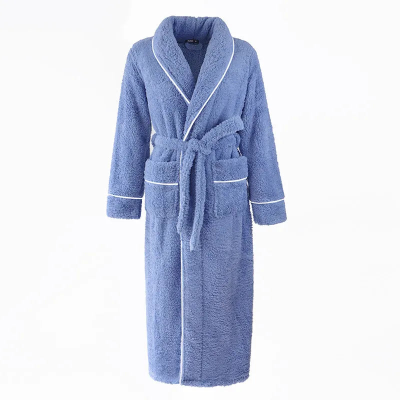 A man and woman wearing matching navy blue thick flannel bathrobes, showcasing the wrap-around design and plush fabric.