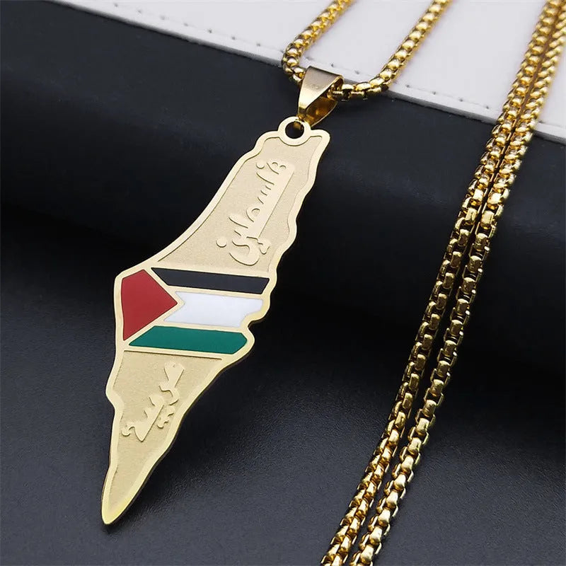 Stainless steel Palestine Israel map pendant necklace gold colour with flag enamel on white background