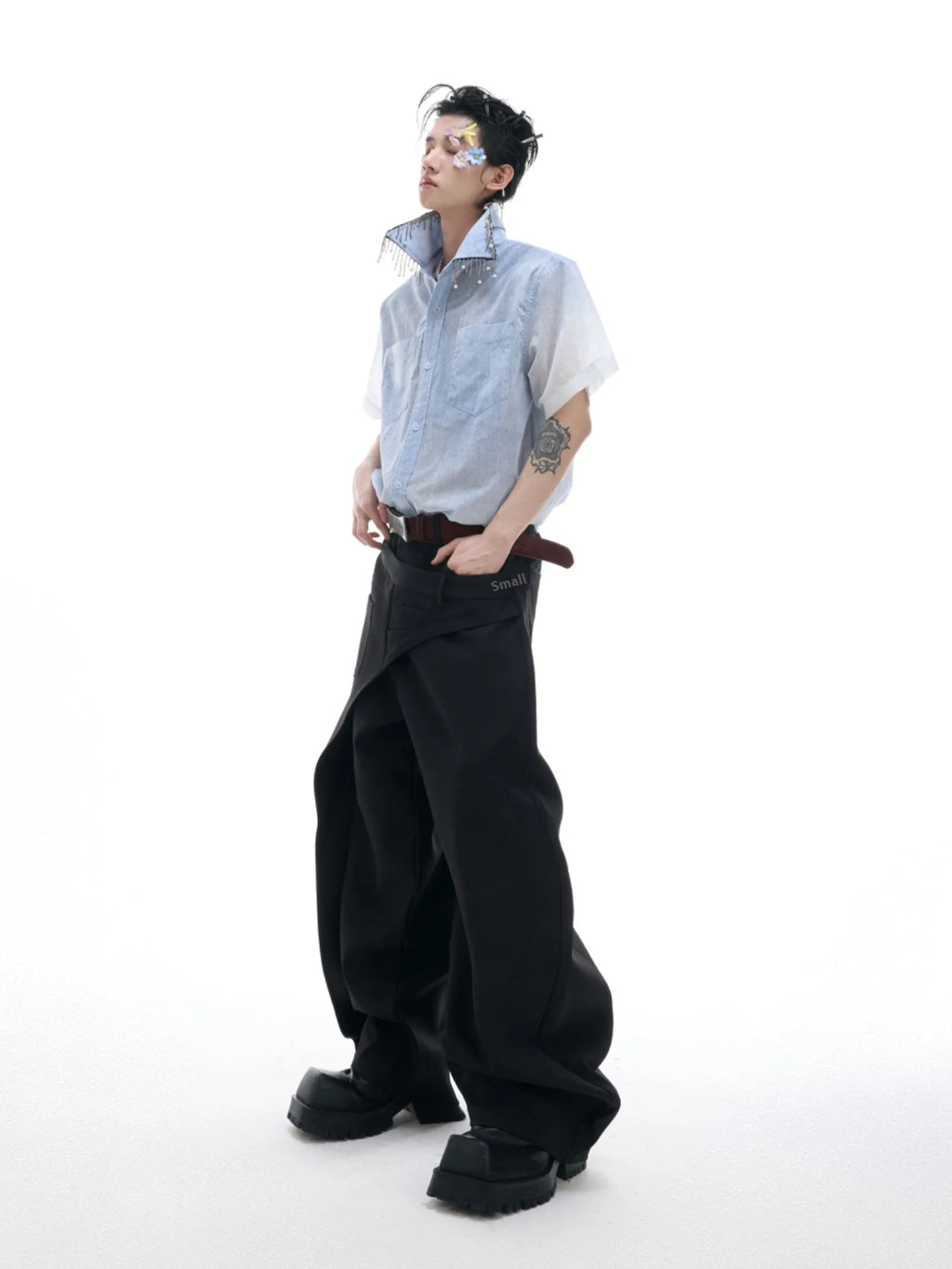 Blue and white gradient loose fit short sleeve casual shirt on a hanger.