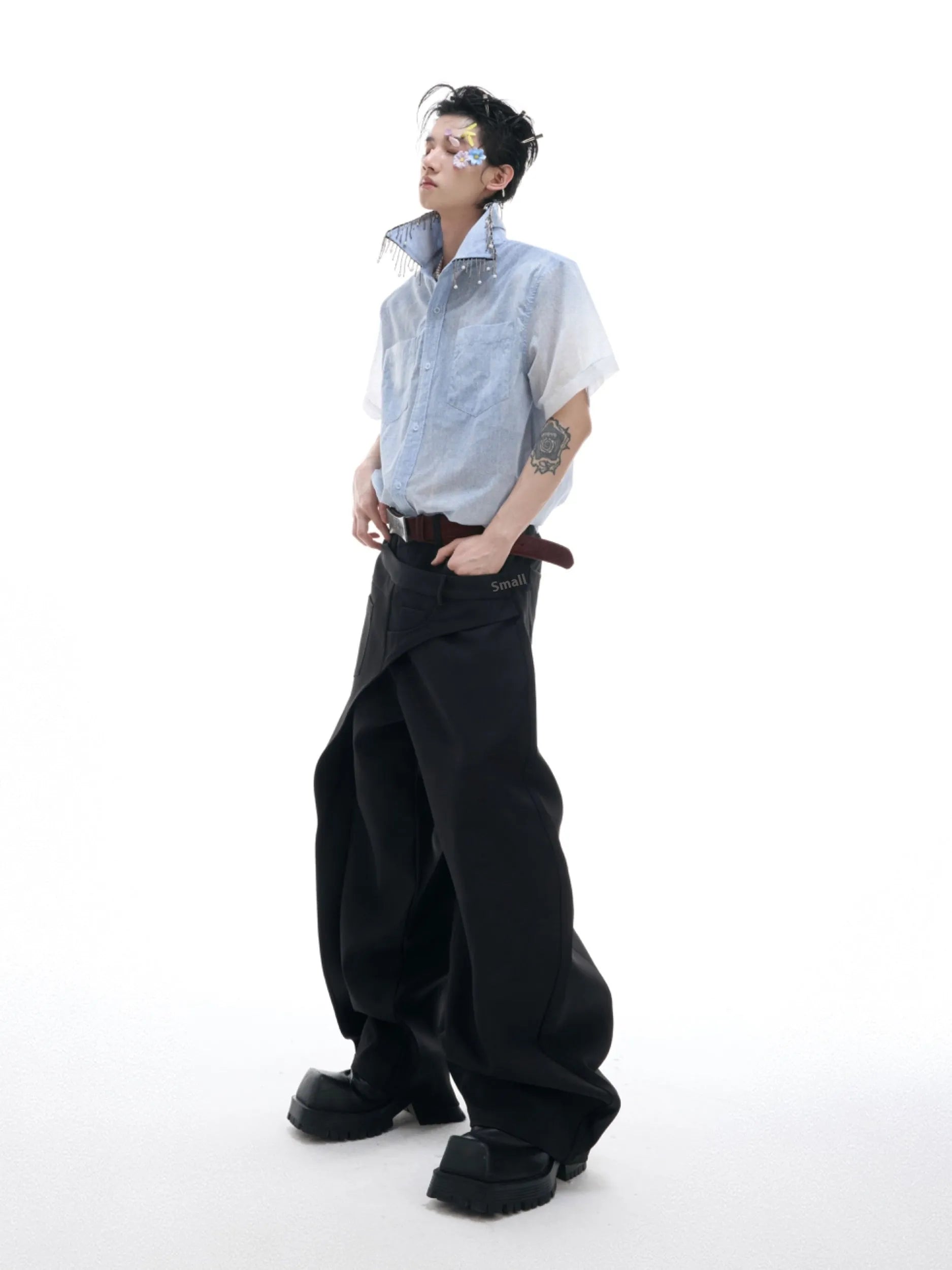 Blue and white gradient loose fit short sleeve casual shirt on a hanger.