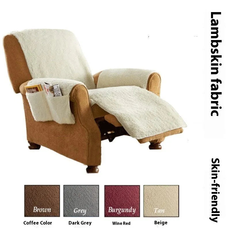 Lambswool-style polyester sofa cushion cover in beige, shown on a chair, with size options for 55cm, 64cm, and 71cm seat widths.