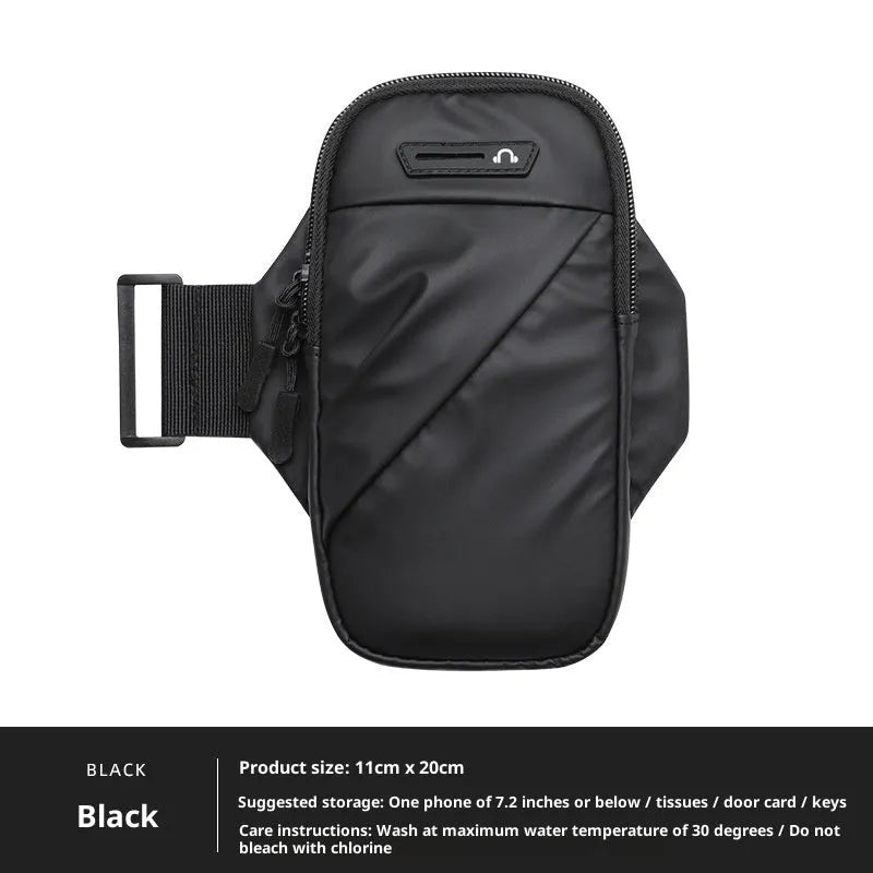 Outdoor cycling arm sleeve phone pouch in black holding a 7.2 inch phone on a cyclist's arm