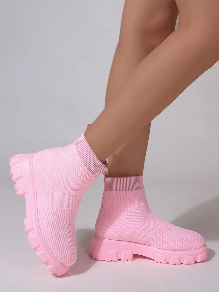 Women's low heel ankle boots with mesh upper and round toe, shown in black, dark khaki, pink, and purple