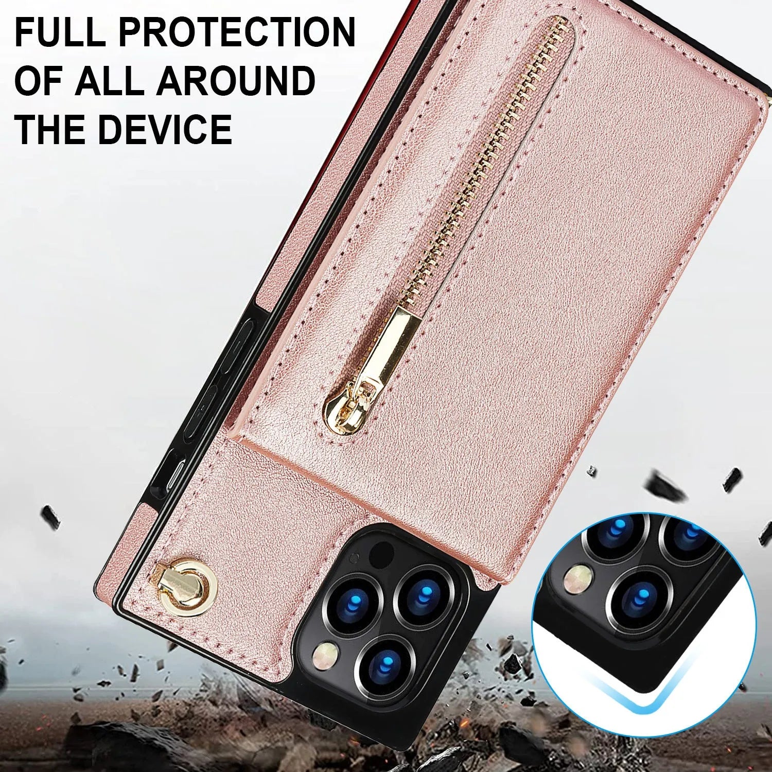 Black leather and TPU protective phone case for Samsung Galaxy or Apple iPhone models.