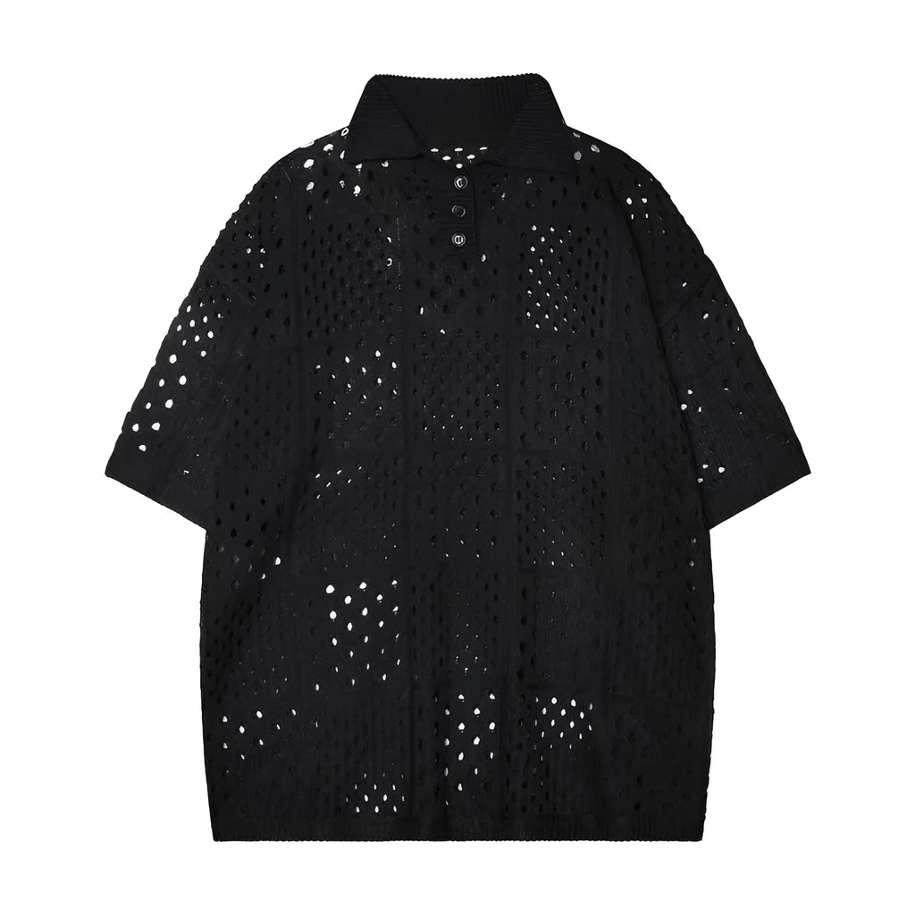Teenager wearing a loose black short-sleeved polo shirt with a hollow knit design.