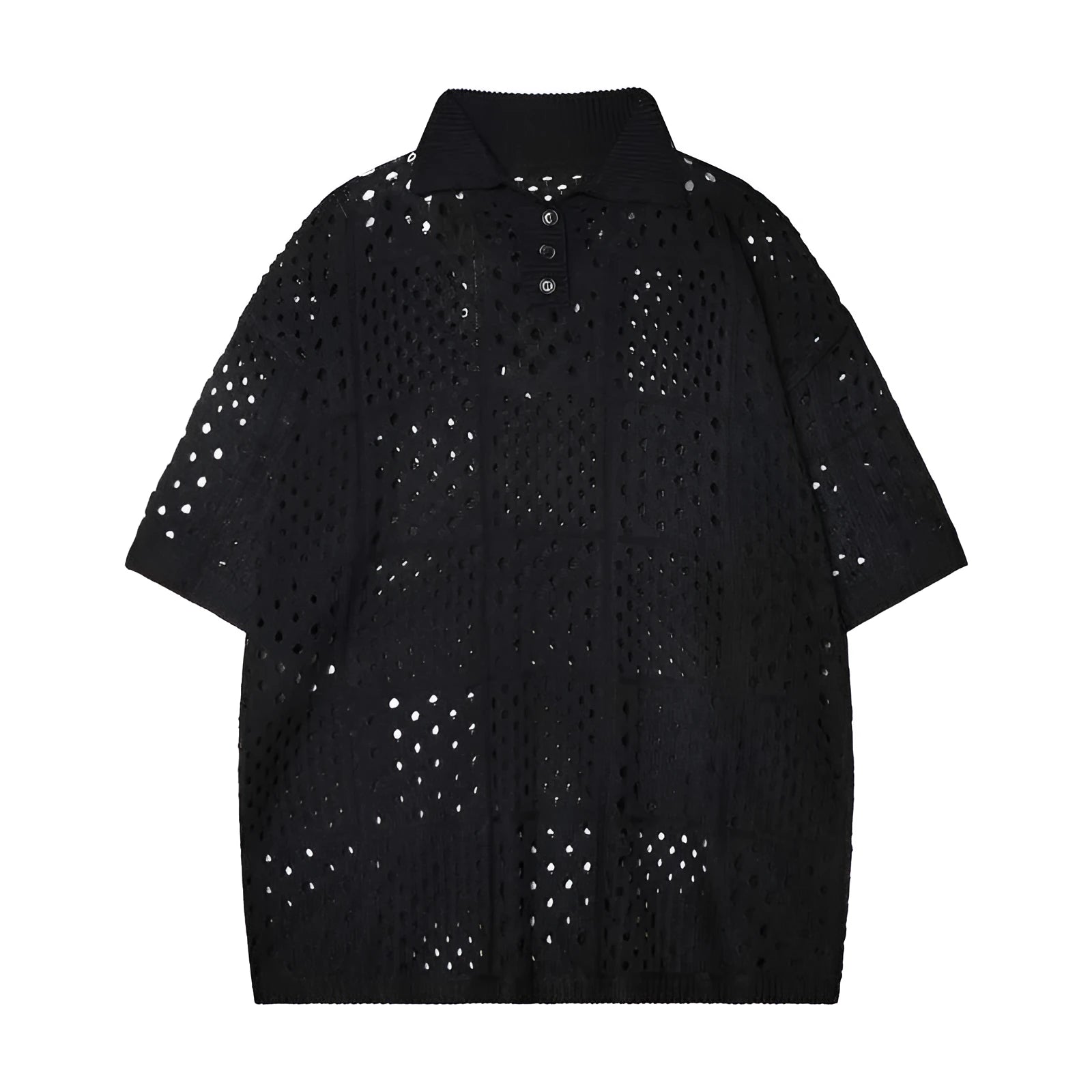 Teenager wearing a loose black short-sleeved polo shirt with a hollow knit design.