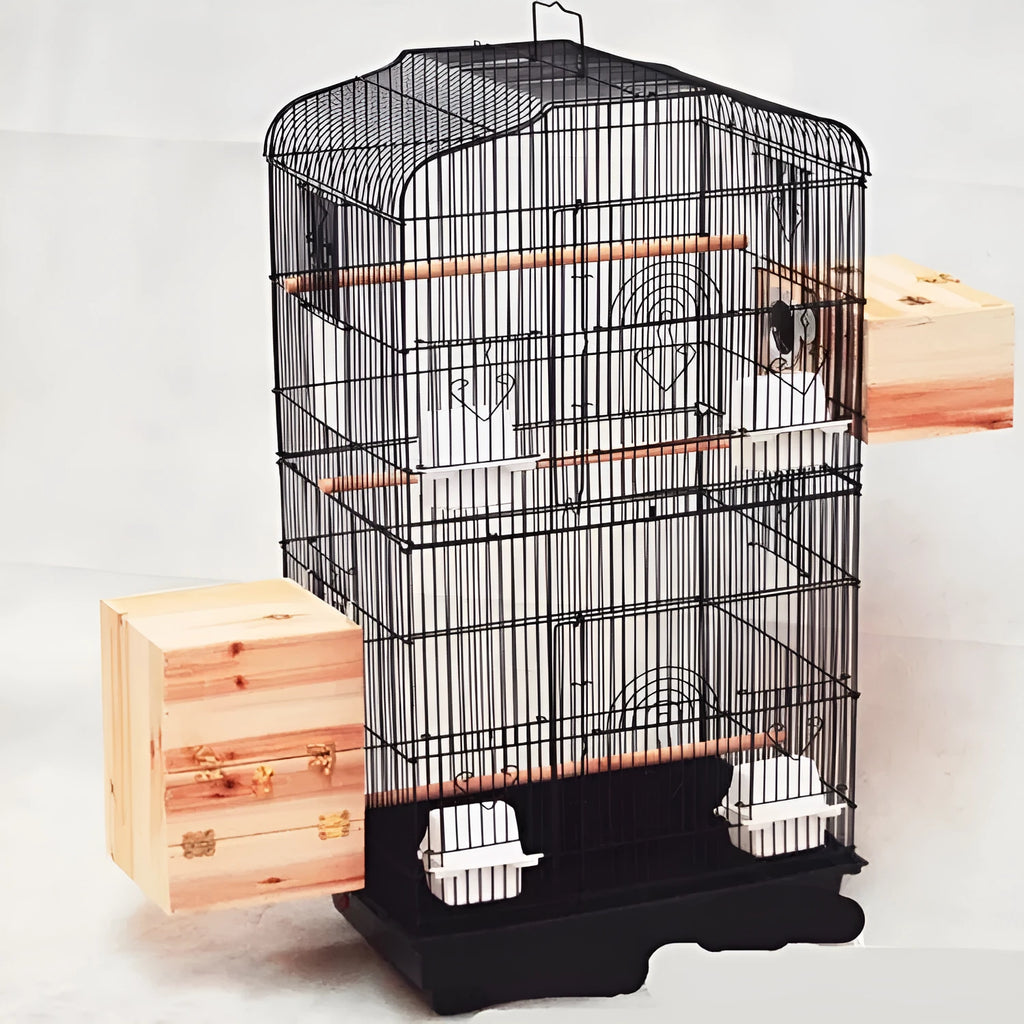 Portable black wire bird cage for small to medium parrots, 45.5x35x93.5cm, with wooden poles and plastic food cups