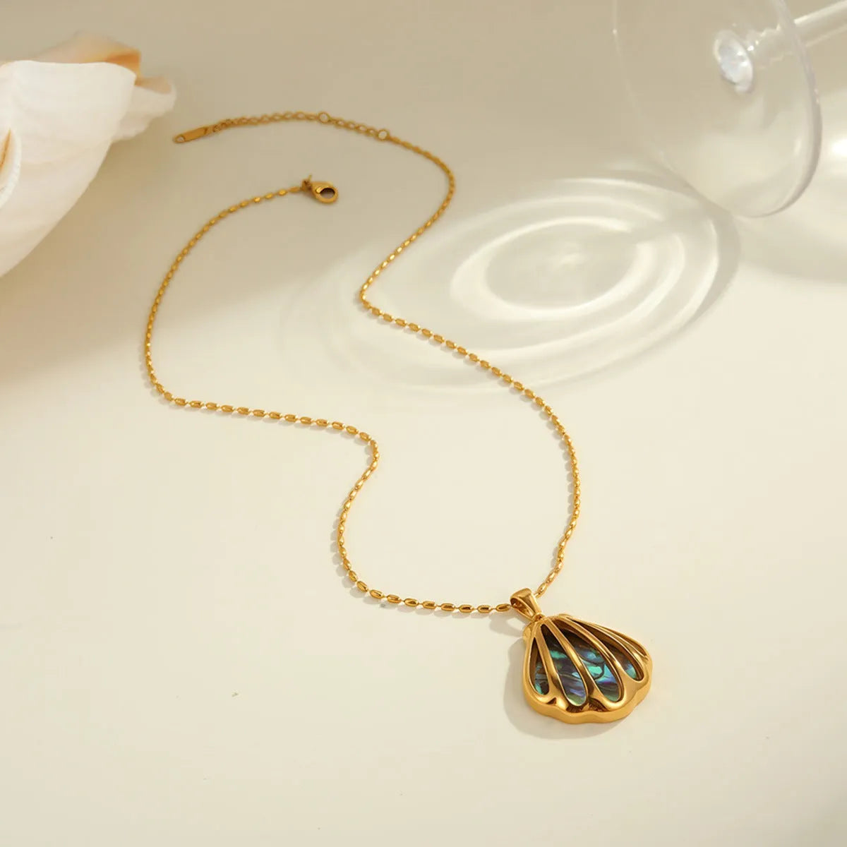 18K gold plated stainless steel scallop shell fan shaped stud earrings and necklace for women