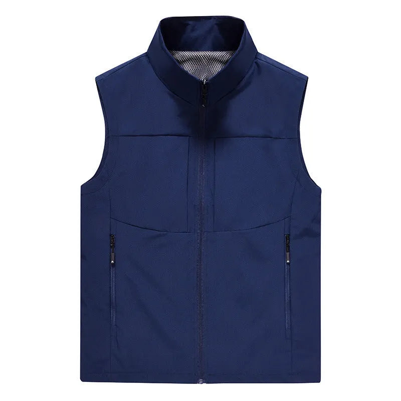 Men's loose-fit outdoor cardigan vest with stand collar and zippered pockets in khaki colour.
