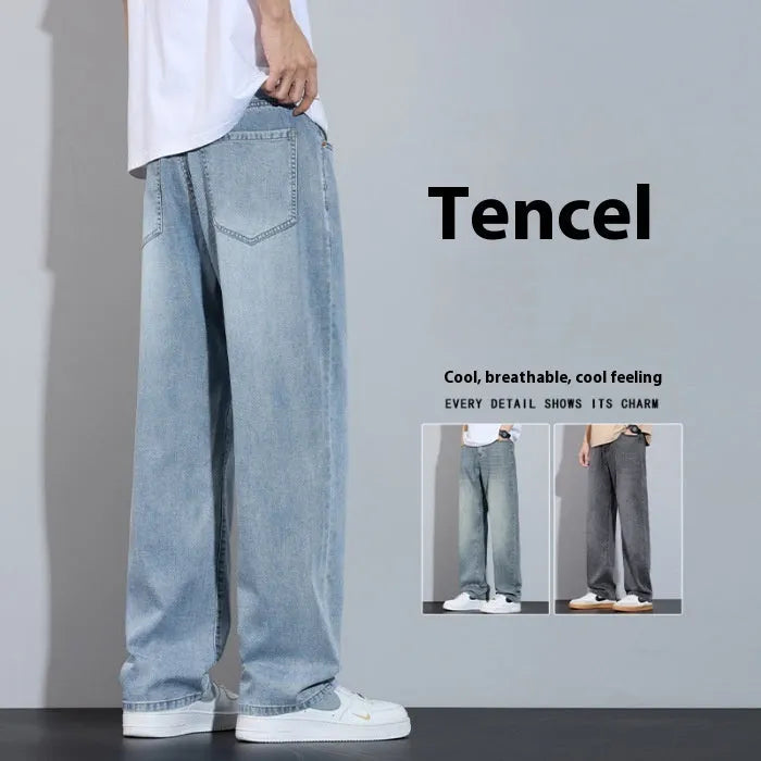 Straight leg casual trousers in ice silk Denim fabric with wide-leg design and zip placket closure