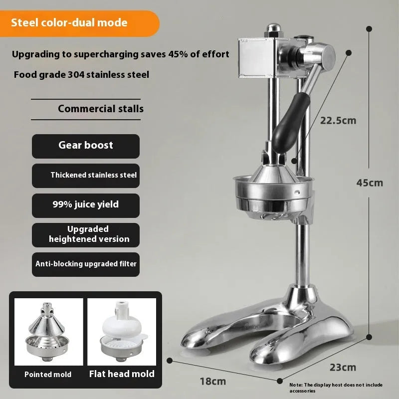 Vertical stainless steel manual citrus juicer shown in selected colour with chosen head style: pointed, flat, or double.